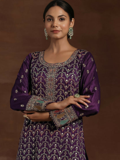 Women's LB Adaa Purple Embroidered Silk Blend Straight Kurta With Palazzos & Dupatta