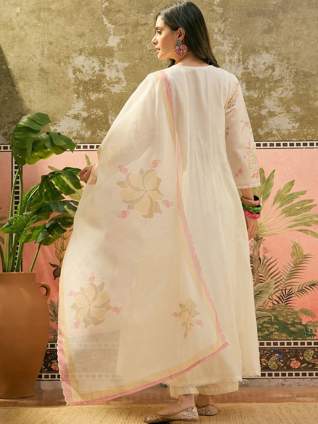Embroidered V-Neck Anarkali Kurta & Trousers With Dupatta