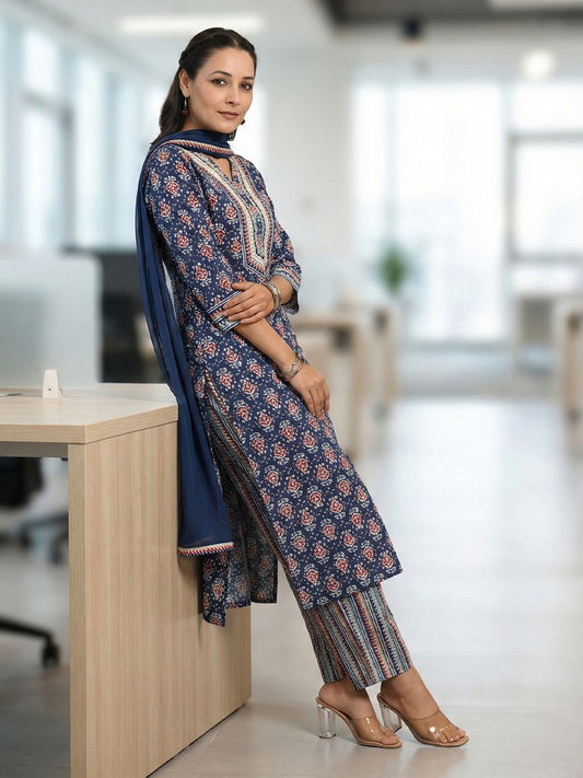 Dhiyona RR Women's Printed Regular Mirror Work Pure Cotton Kurta with Trousers & With
