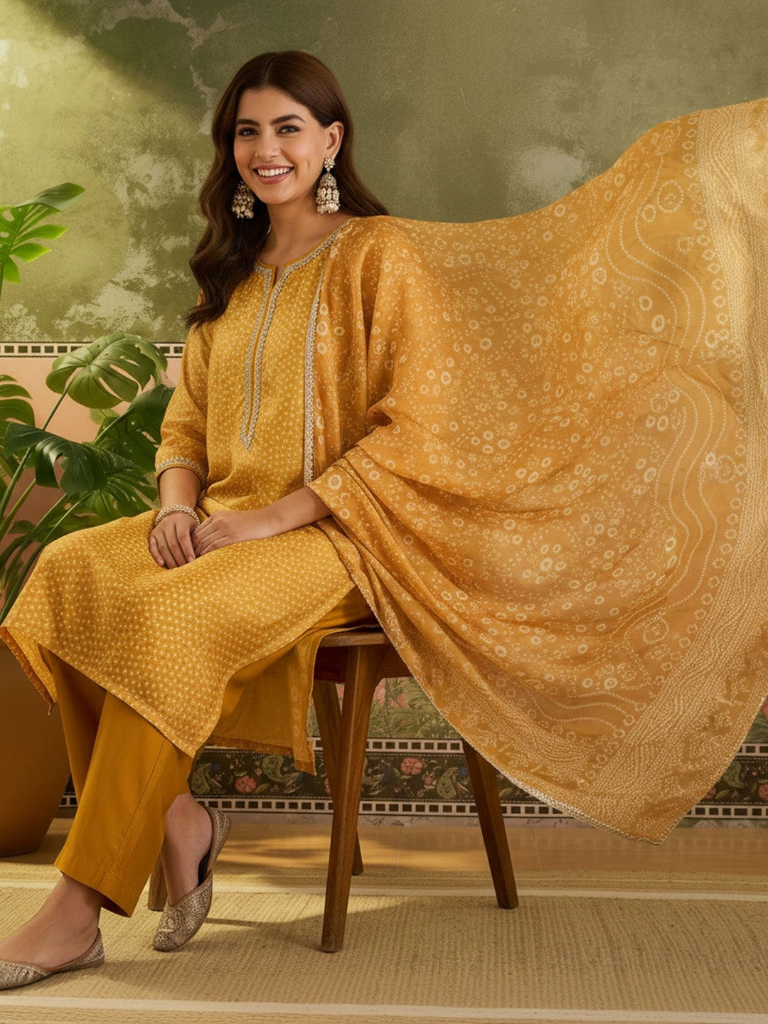 Printed Round Neck Kurta & Trousers With Dupatta