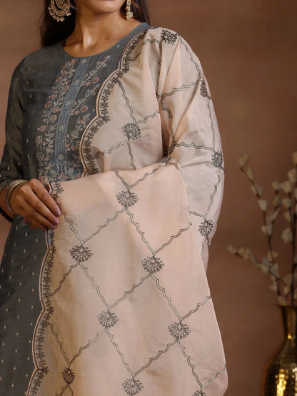 Women's LB Grey Yoke Design Silk Blend Straight Suits With Dupatta