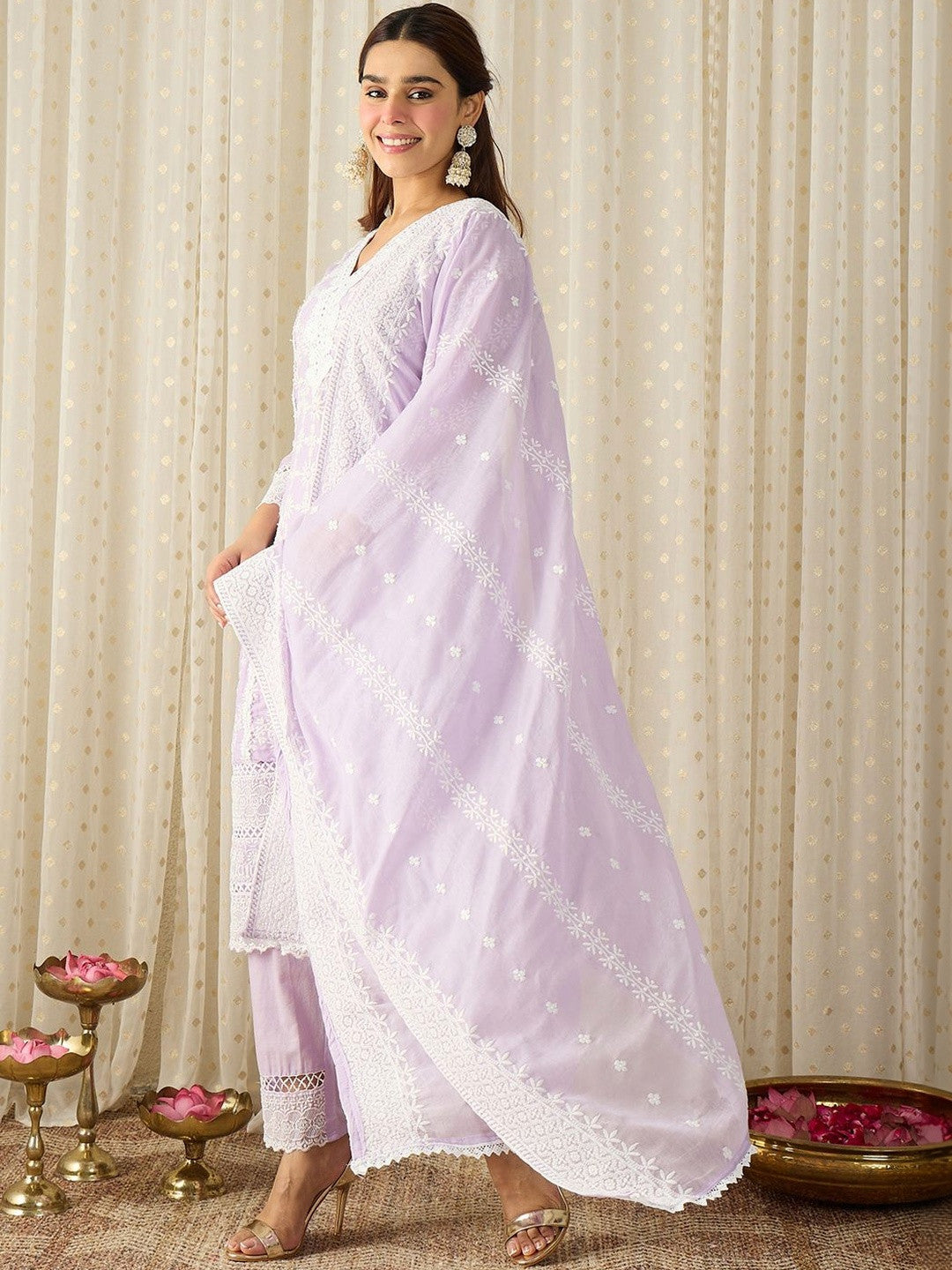 Women Ethnic Motifs Embroidered Regular Chikankari Pure Cotton Kurta with Trousers & With Dupatta