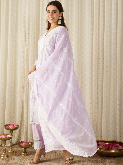 Women Ethnic Motifs Embroidered Regular Chikankari Pure Cotton Kurta with Trousers & With Dupatta