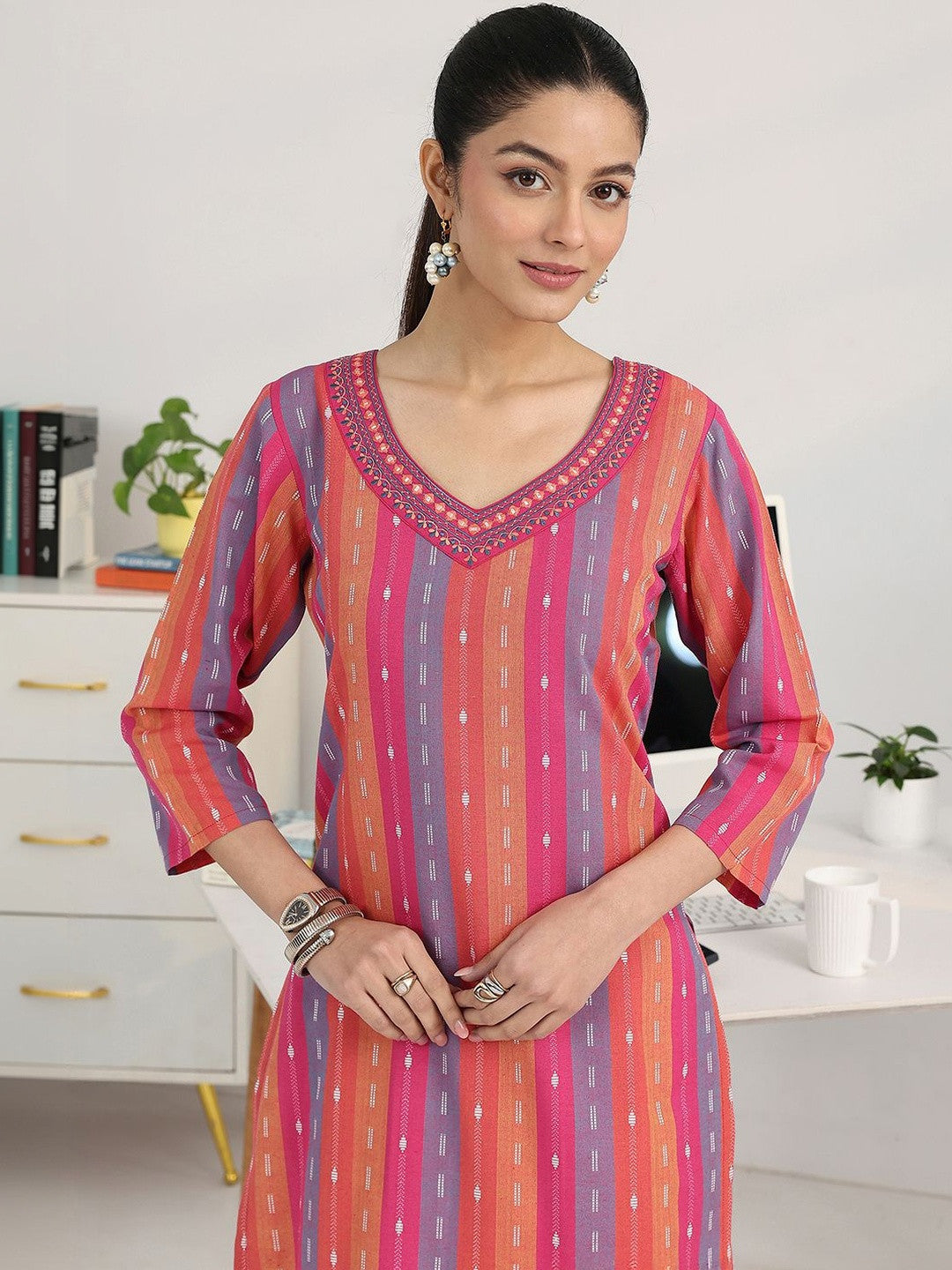 Women Striped Regular Thread Work Kurta with Trousers & With Dupatta