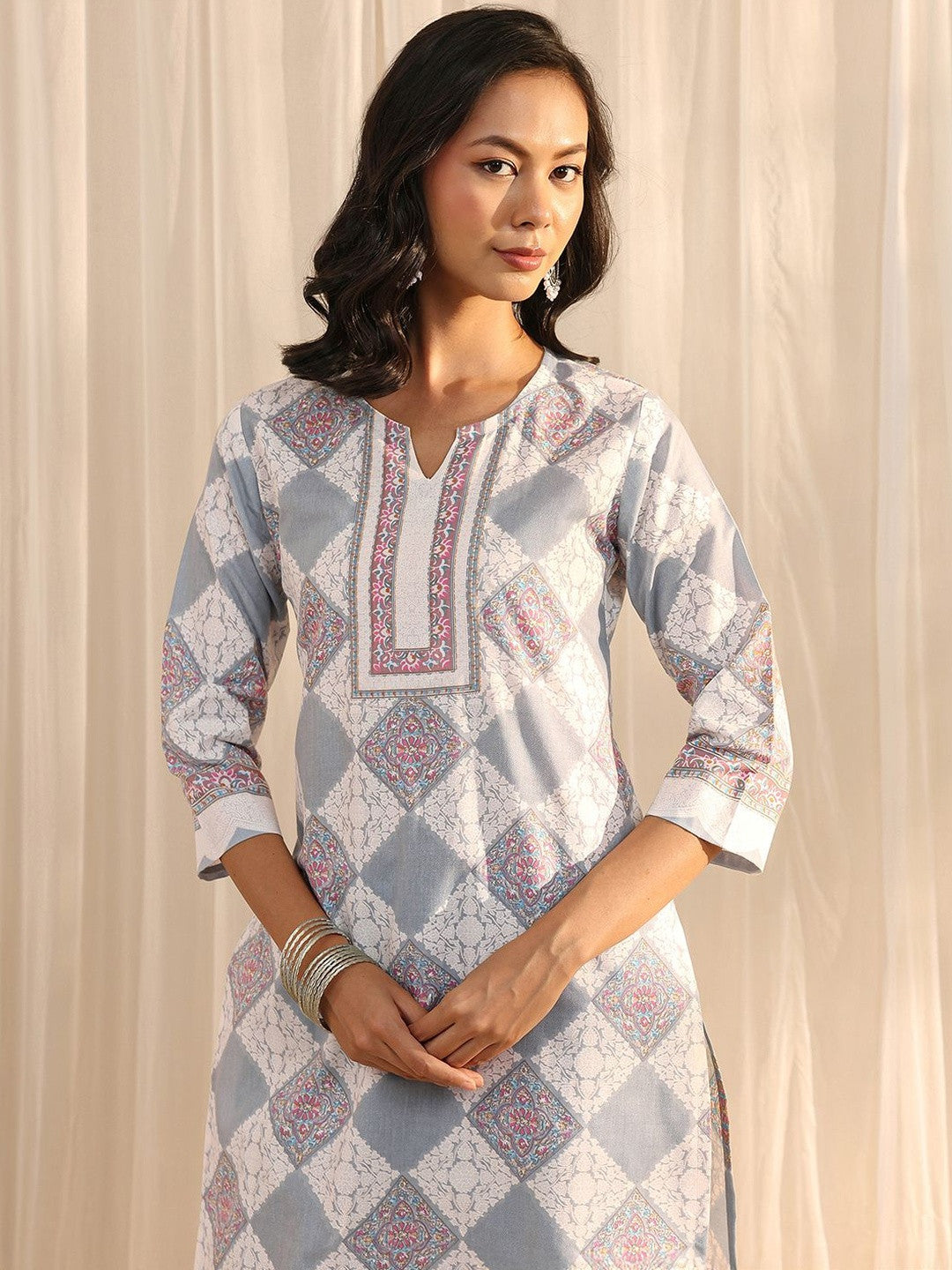 Libas Grey Geometric Printed Straight Suit Set with Dupatta