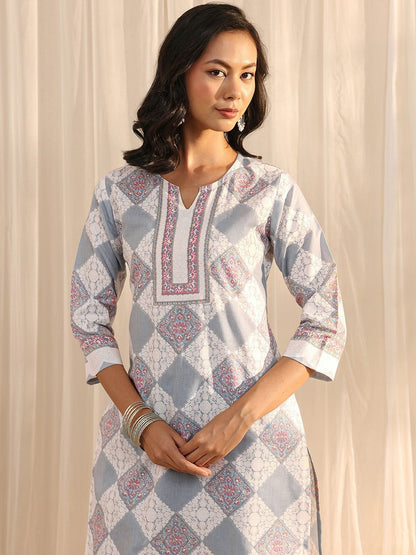 Libas Grey Geometric Printed Straight Suit Set with Dupatta
