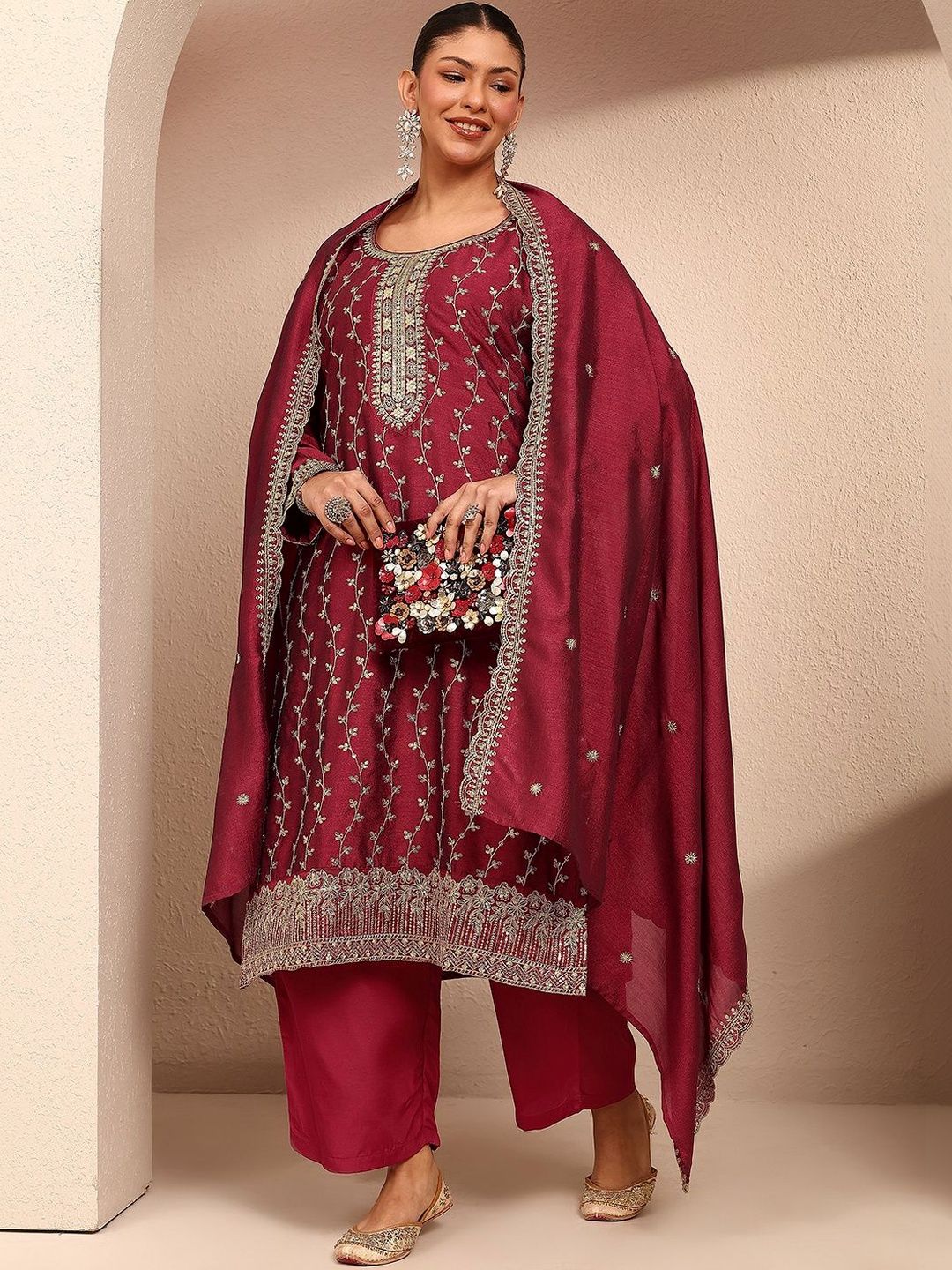 Dhiyona Women's Ethnic Motifs Embroidered Regular Thread Work Kurta with Palazzos & With Dupatta
