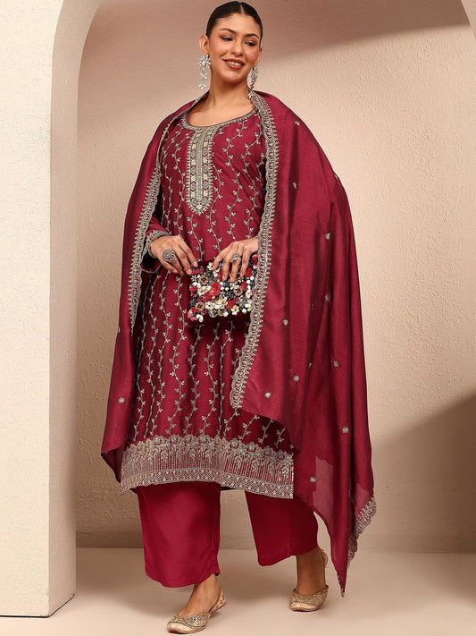 Dhiyona Women's Ethnic Motifs Embroidered Regular Thread Work Kurta with Palazzos & With Dupatta