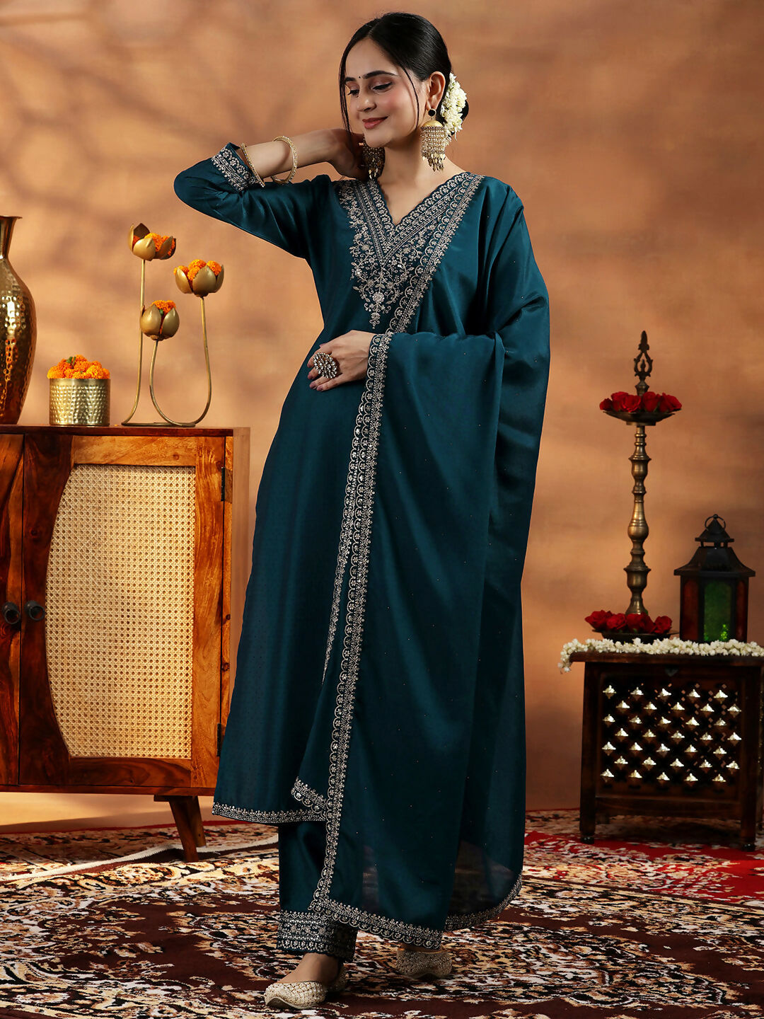 Women's LB Teal Yoke Design Silk Blend Straight Suit With Dupatta