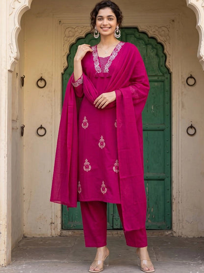 Women Ethnic Motifs Embroidered Regular Thread Work Pure Cotton Kurta with Trousers & With Dupatta