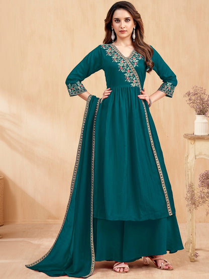 Embroidered V-Neck Kurta Trousers & Dupatta