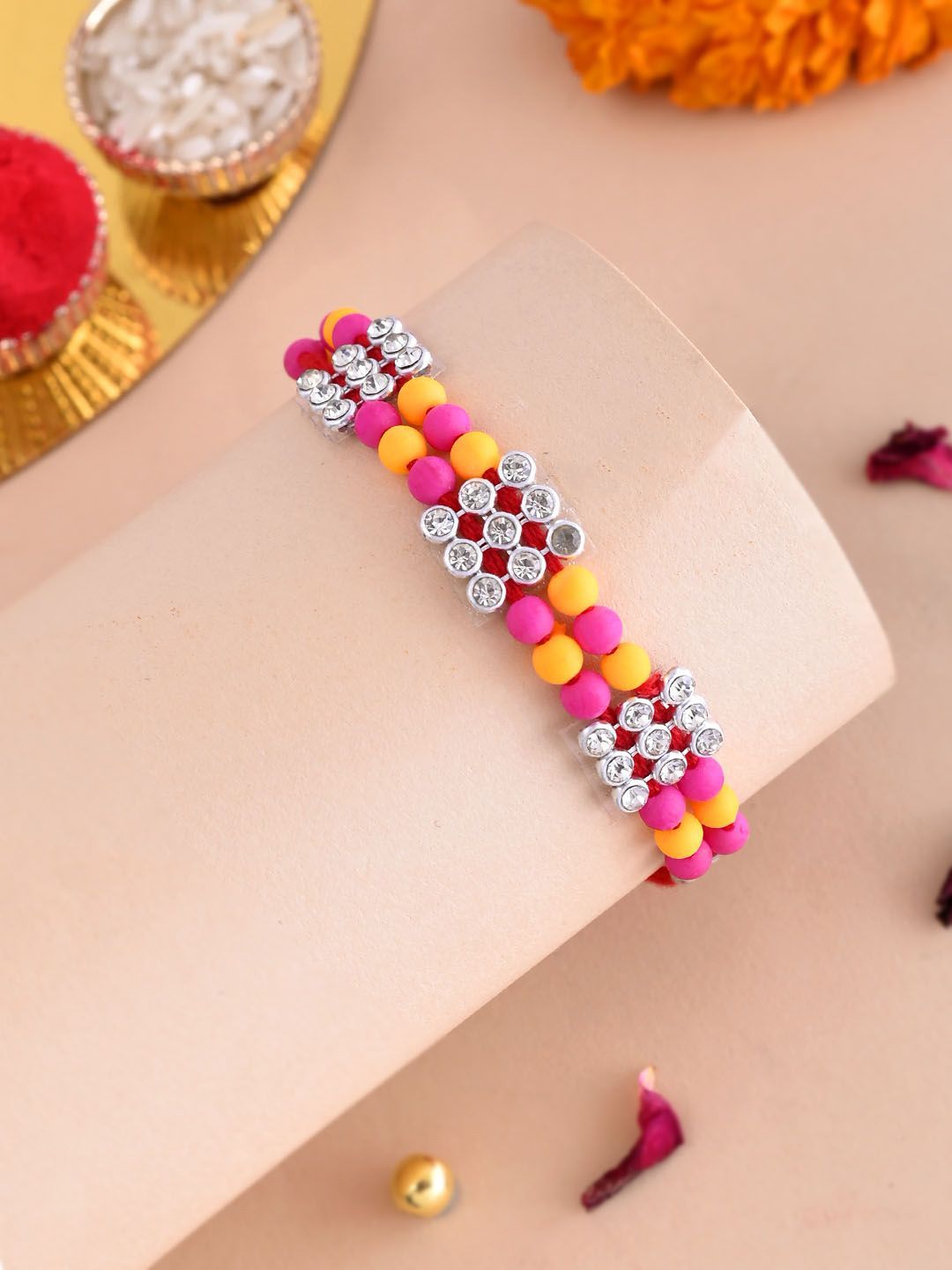 Dhiyona Beaded Thread Rakhi With Roli Chawal & Greetings Card