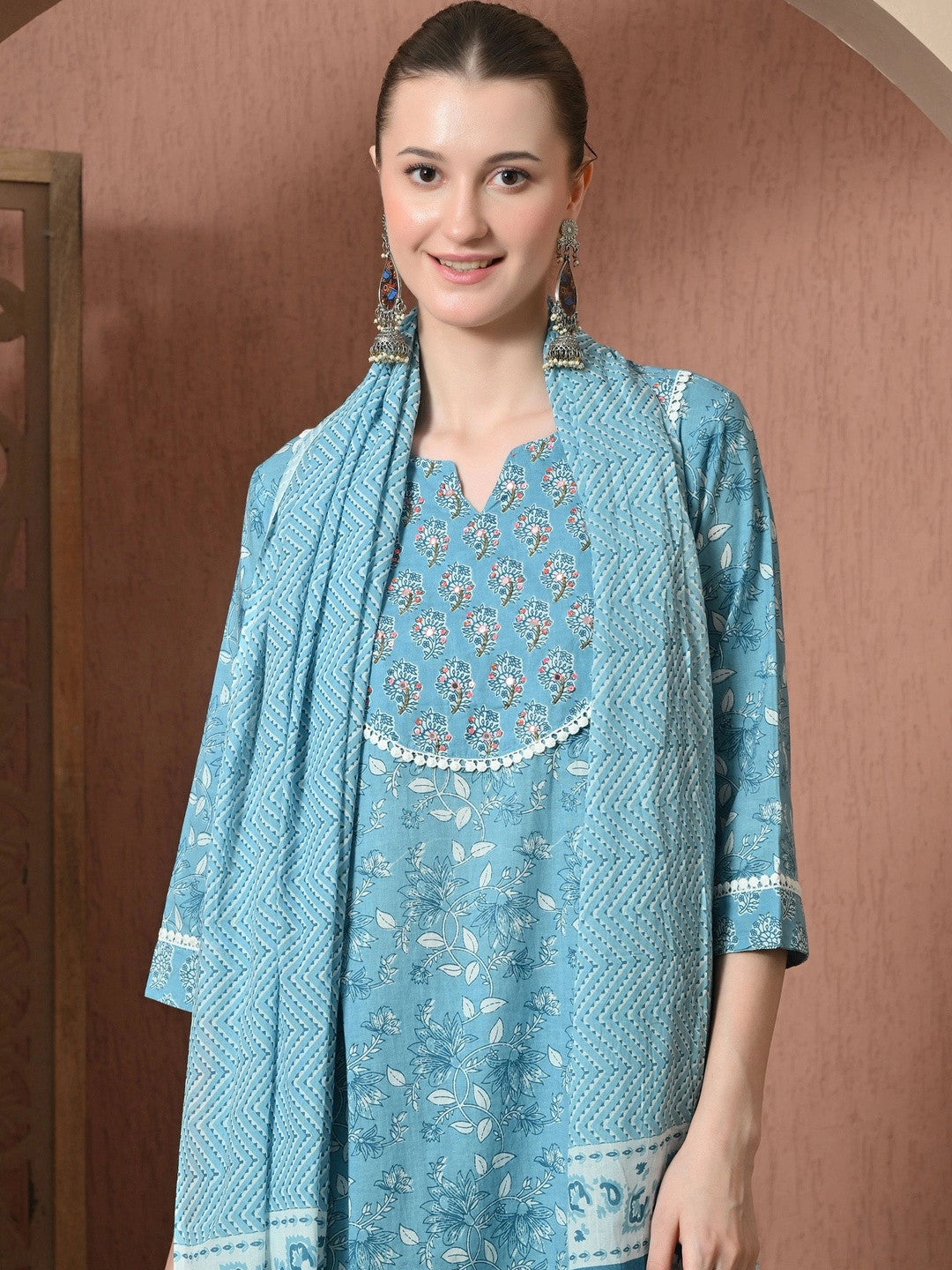 Women Floral Printed Regular Pure Cotton Kurta with Trousers & With Dupatta