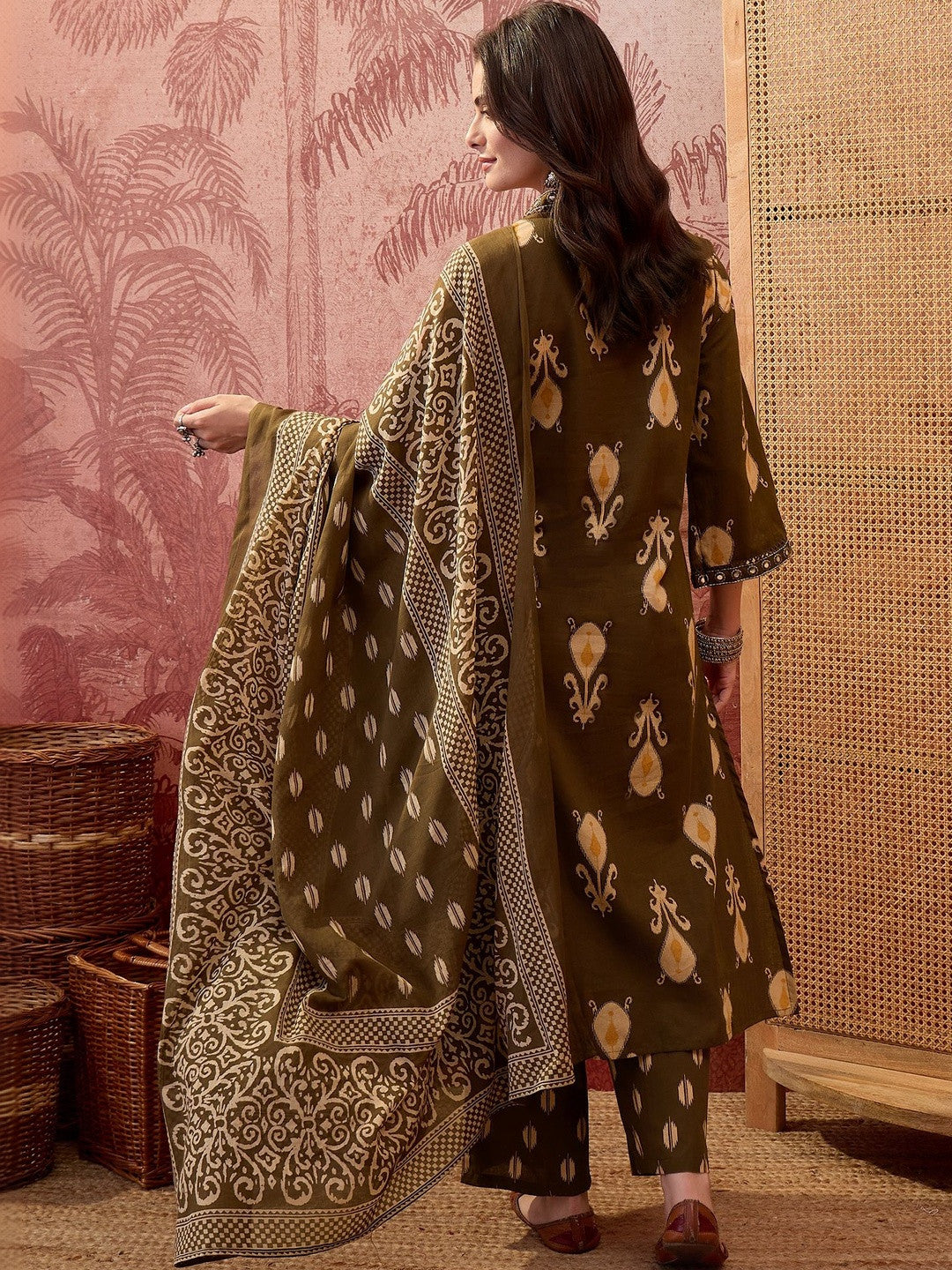 Women Ethnic Motifs Printed Regular Mirror Work Pure Cotton Kurta with Palazzos & With Dupatta