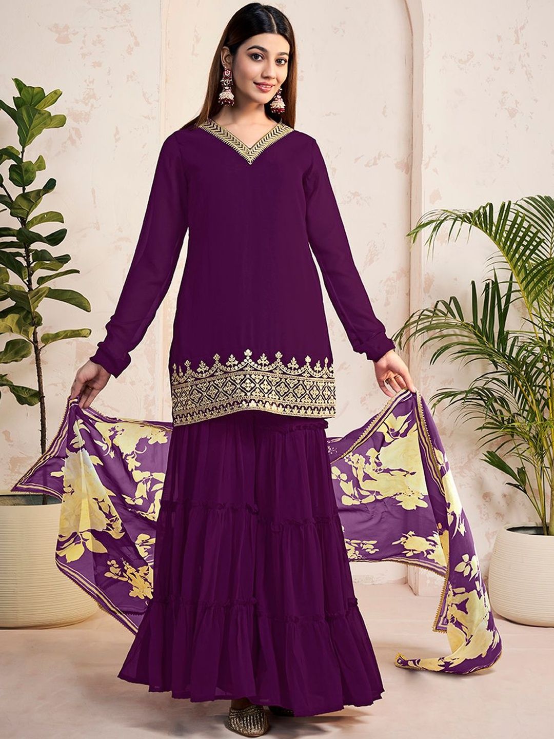 Dhiyona HOP Ethnic Motifs Embroidered V-Neck Kurta & Sharara With Dupatta