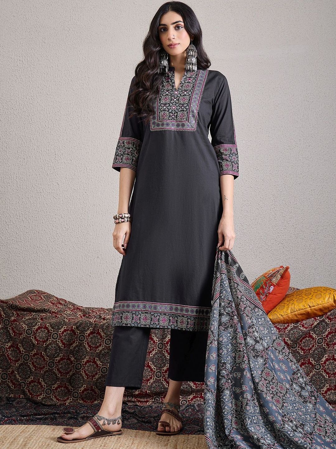 Ethnic Motifs Embroidered Mirror Work Pure Cotton Kurta With Trousers & Dupatta