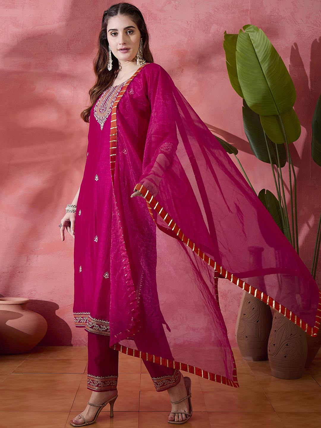 Pink Floral Embroidered Round Neck Straight Kurta With Trousers And Dupatta