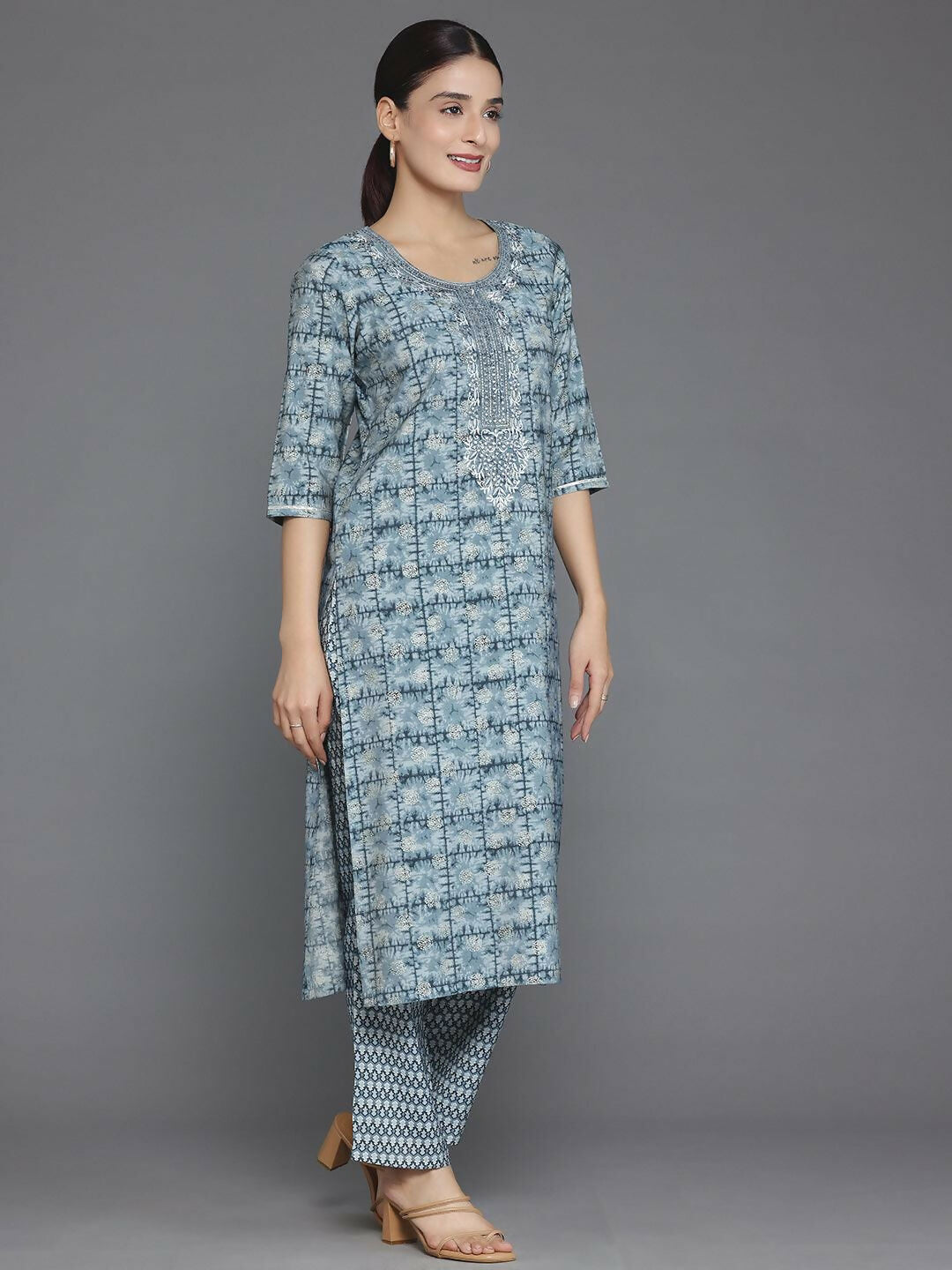 Women's LB Grey Printed Silk Blend Straight Suit With Dupatta