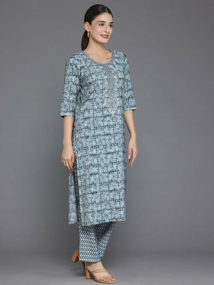 Women's LB Grey Printed Silk Blend Straight Suit With Dupatta