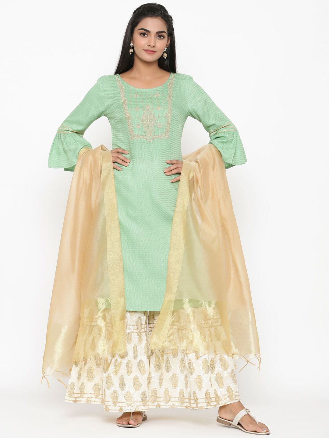 Dhiyona AN Women Regular Thread Work Kurta with Sharara & With Dupatta