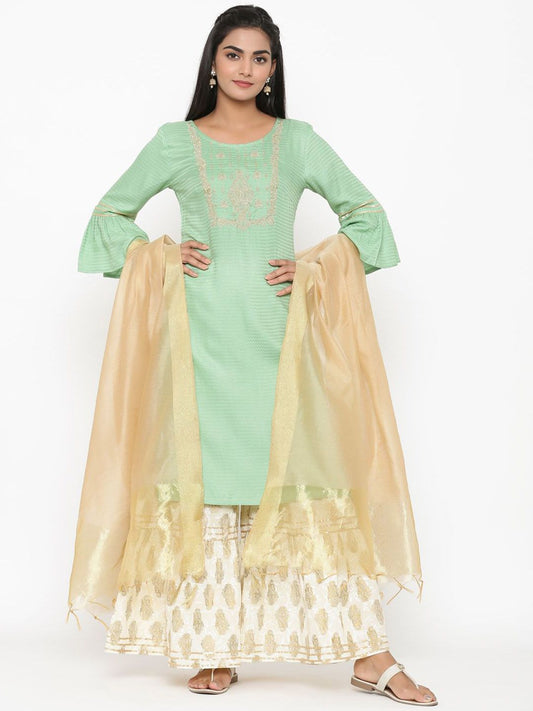 Dhiyona AN Women Regular Thread Work Kurta with Sharara & With Dupatta