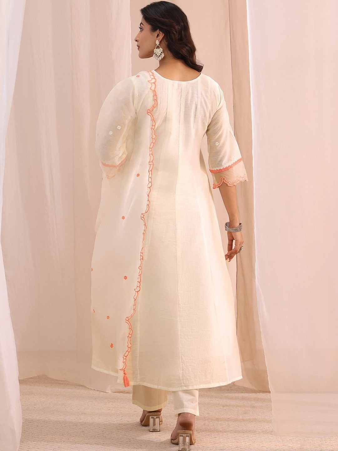 White Floral Embroidered Silk Blend A-Line Suit Set