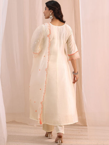 White Floral Embroidered Silk Blend A-Line Suit Set