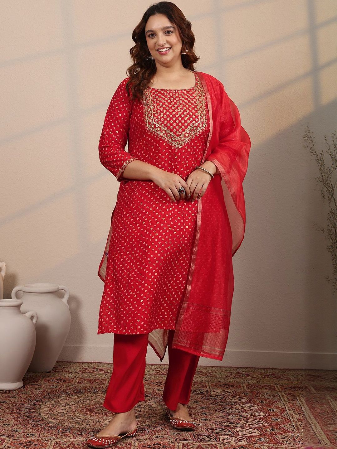 Dhiyona Women's Plus Size Bandhani Printed Regular Kurta with Trousers & Dupatta
