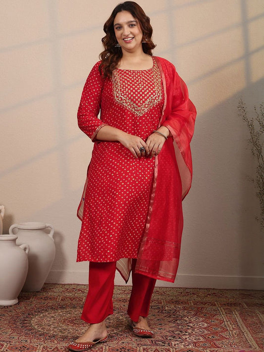 Dhiyona Women's Plus Size Bandhani Printed Regular Kurta with Trousers & Dupatta