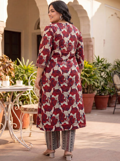 Plus Size Maroon Printed A-Line Kurta Trousers Set