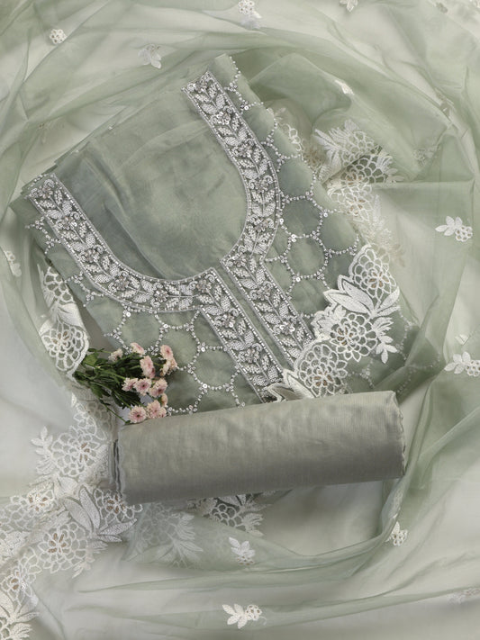 Dhiyona ST 3 Pc Unstitched Suit SET - Grey Beaded and Embroidered Organza Kurta and Border Dupatta with Cotton Pyjama