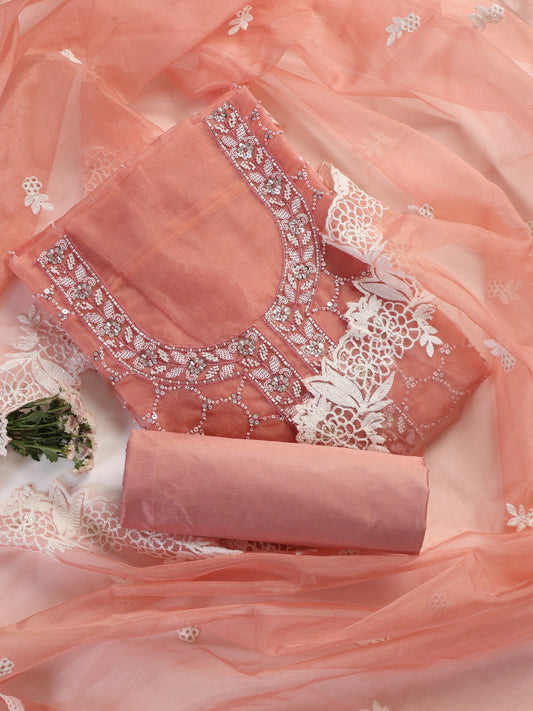 Dhiyona ST 3 Pc Unstitched Suit SET - Pink Beaded and Embroidered Organza Kurta and Border Dupatta with Cotton Pyjama