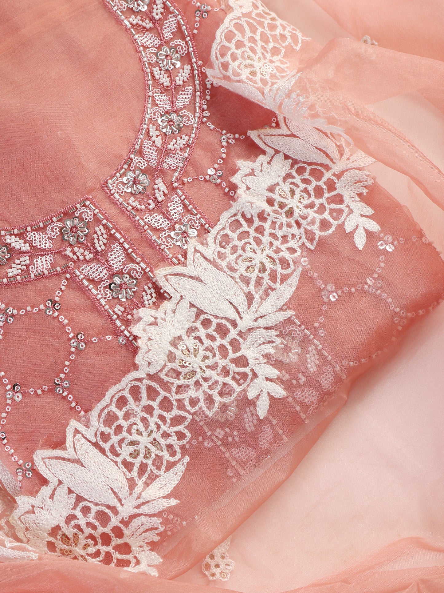 Dhiyona ST 3 Pc Unstitched Suit SET - Pink Beaded and Embroidered Organza Kurta and Border Dupatta with Cotton Pyjama