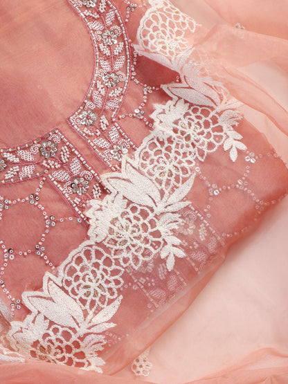 Dhiyona ST 3 Pc Unstitched Suit SET - Pink Beaded and Embroidered Organza Kurta and Border Dupatta with Cotton Pyjama
