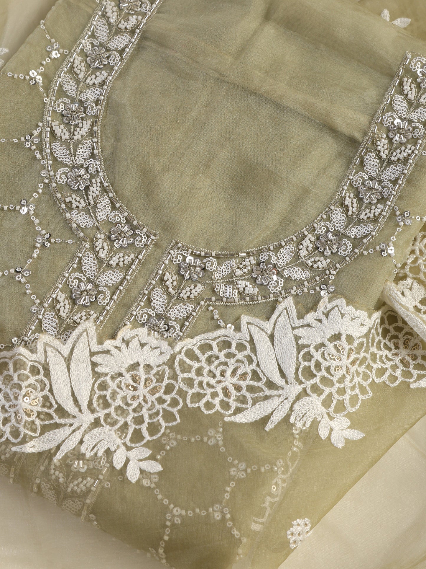 Dhiyona ST 3 Pc Unstitched Suit SET - Fawn Beaded and Embroidered Organza Kurta and Border Dupatta with Cotton Pyjama