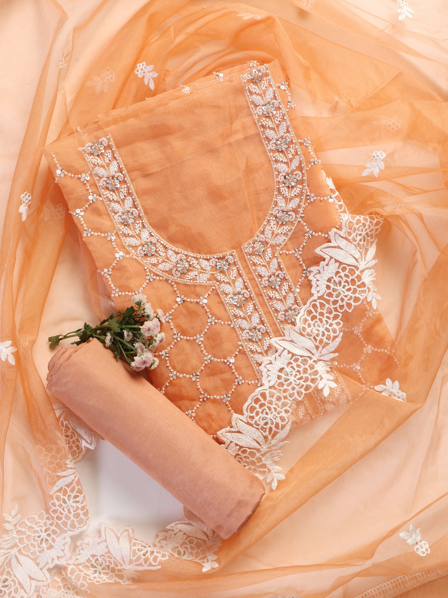 Dhiyona ST 3 Pc Unstitched Suit SET - Peach Beaded and Embroidered Organza Kurta and Border Dupatta with Cotton Pyjama