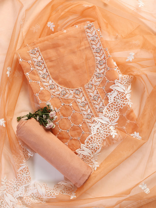 Dhiyona ST 3 Pc Unstitched Suit SET - Peach Beaded and Embroidered Organza Kurta and Border Dupatta with Cotton Pyjama