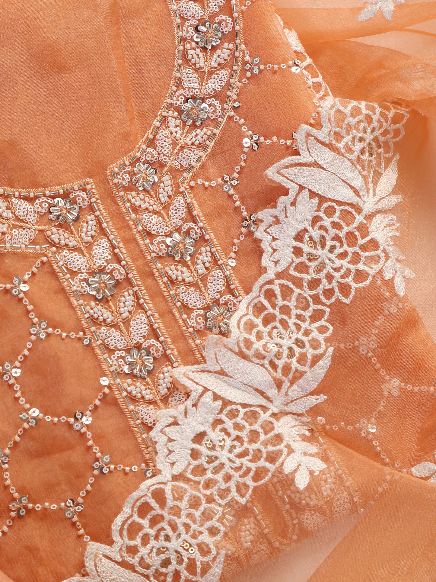 Dhiyona ST 3 Pc Unstitched Suit SET - Peach Beaded and Embroidered Organza Kurta and Border Dupatta with Cotton Pyjama
