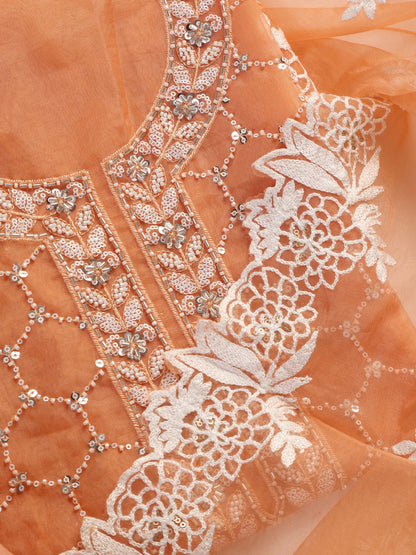 Dhiyona ST 3 Pc Unstitched Suit SET - Peach Beaded and Embroidered Organza Kurta and Border Dupatta with Cotton Pyjama