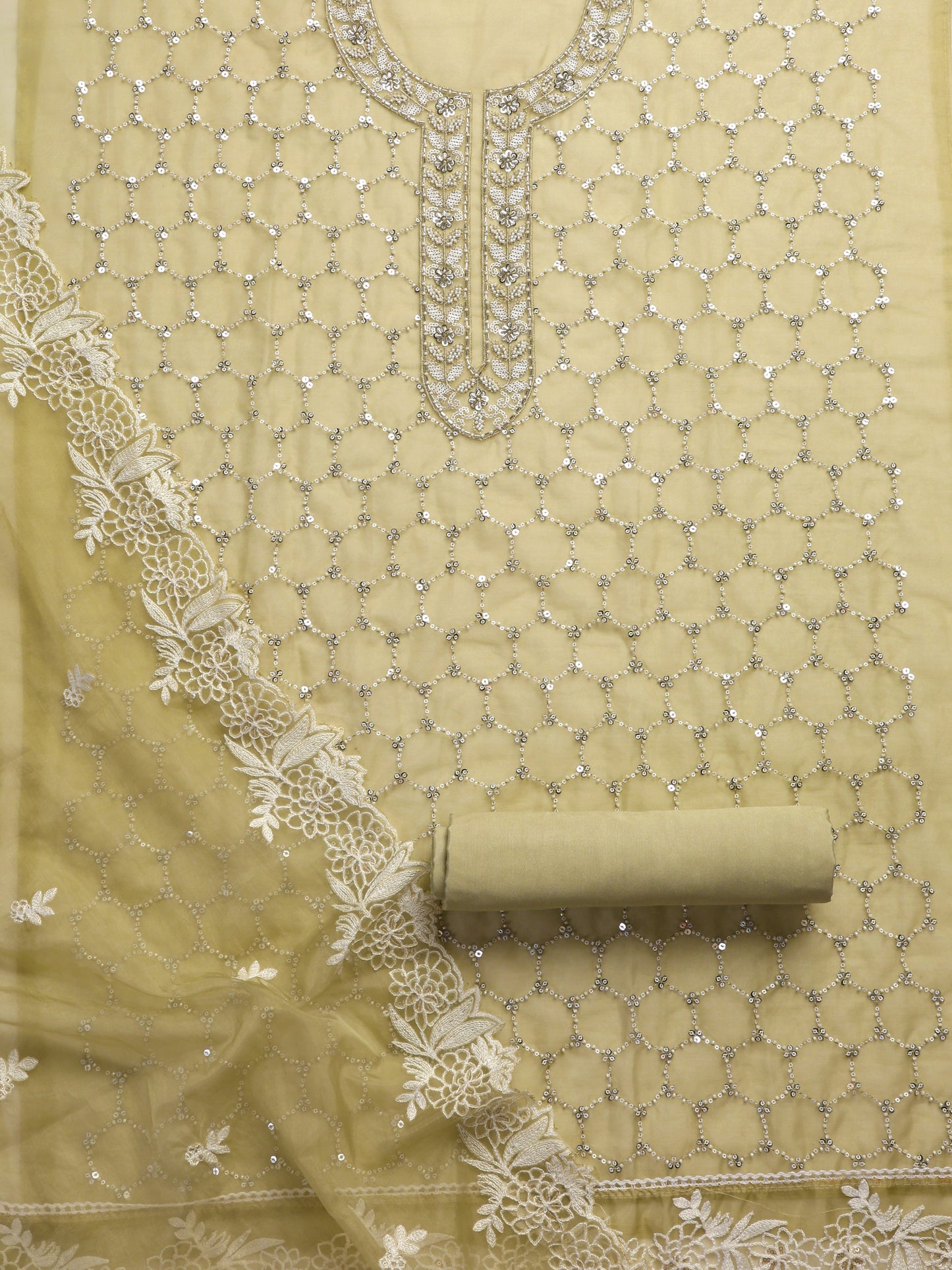 Dhiyona ST 3 Pc Unstitched Suit SET - Fawn Beaded and Embroidered Organza Kurta and Border Dupatta with Cotton Pyjama