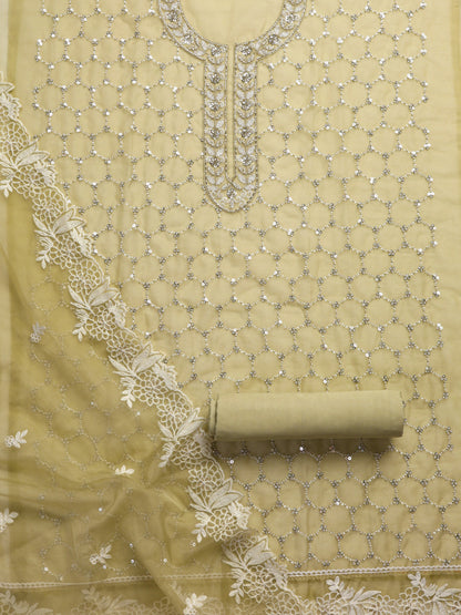 Dhiyona ST 3 Pc Unstitched Suit SET - Fawn Beaded and Embroidered Organza Kurta and Border Dupatta with Cotton Pyjama