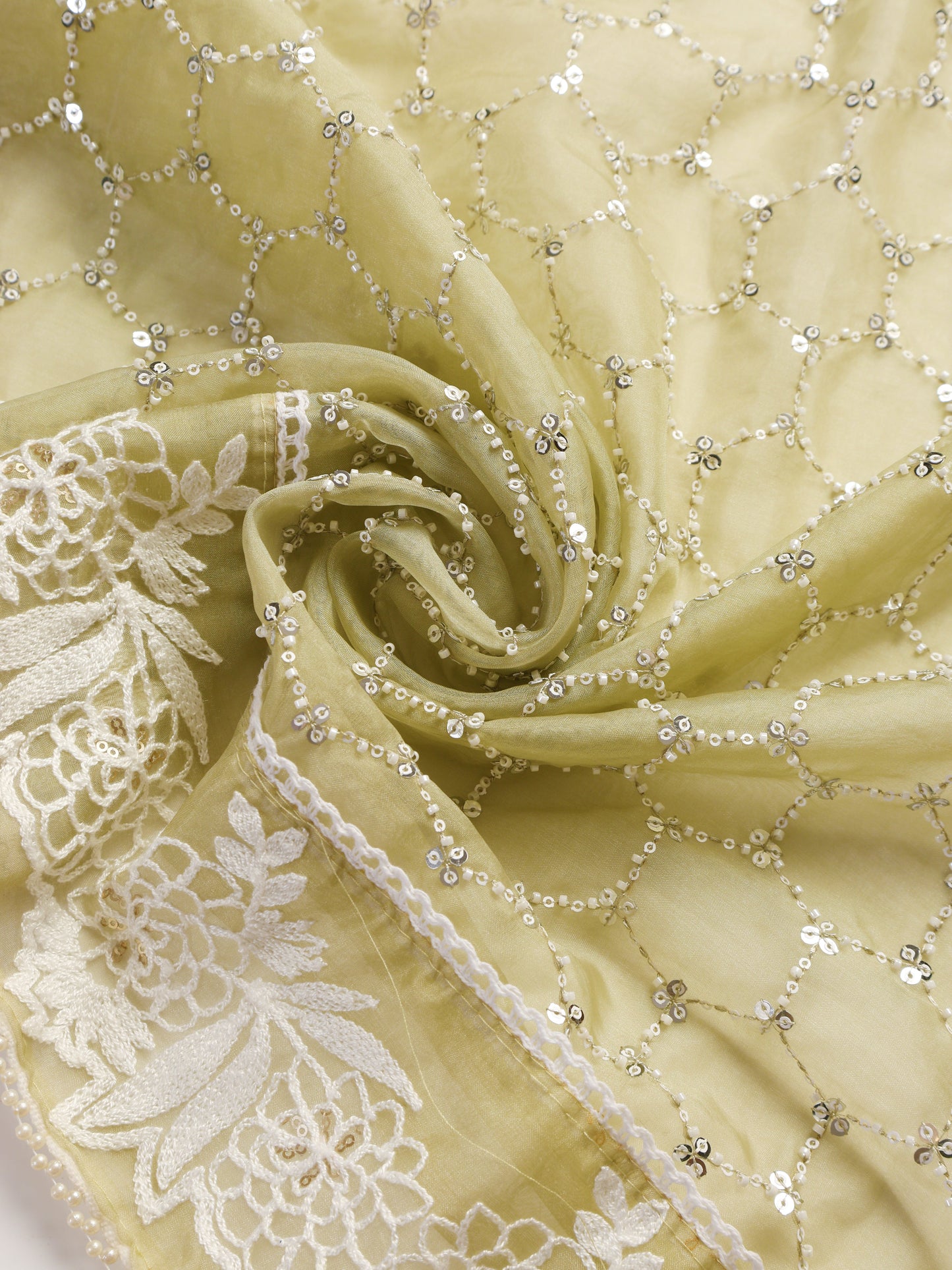 Dhiyona ST 3 Pc Unstitched Suit SET - Fawn Beaded and Embroidered Organza Kurta and Border Dupatta with Cotton Pyjama