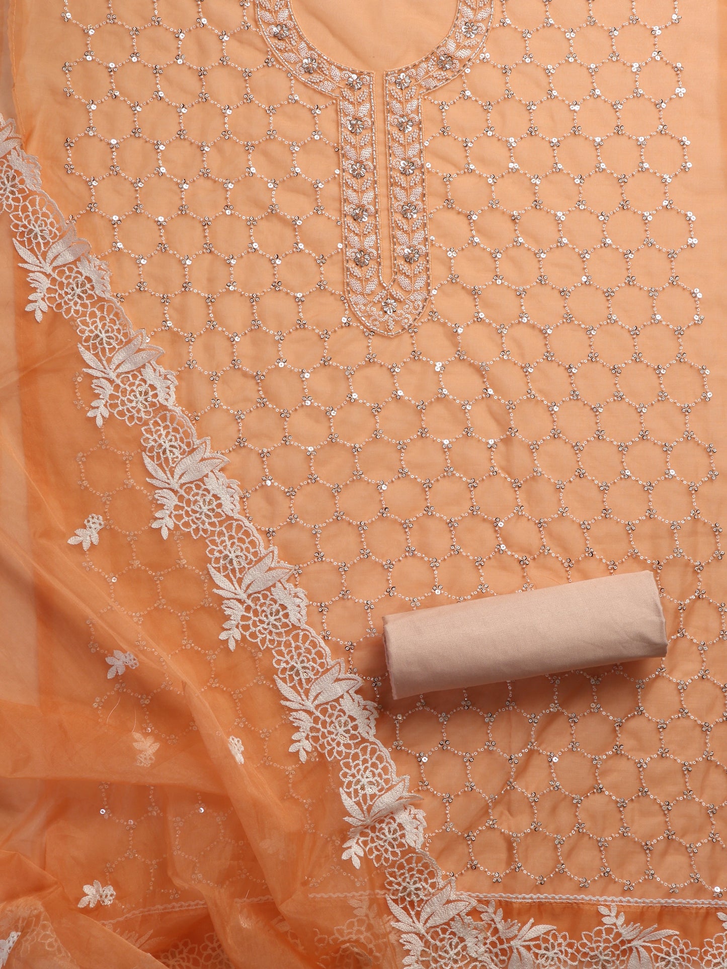 Dhiyona ST 3 Pc Unstitched Suit SET - Peach Beaded and Embroidered Organza Kurta and Border Dupatta with Cotton Pyjama