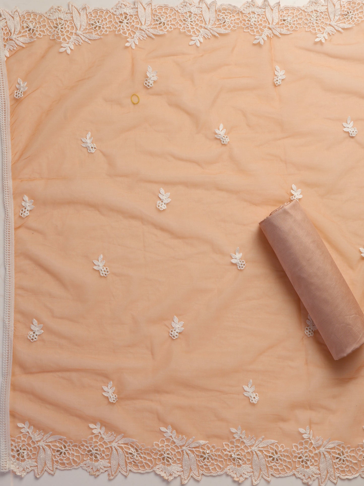 Dhiyona ST 3 Pc Unstitched Suit SET - Peach Beaded and Embroidered Organza Kurta and Border Dupatta with Cotton Pyjama