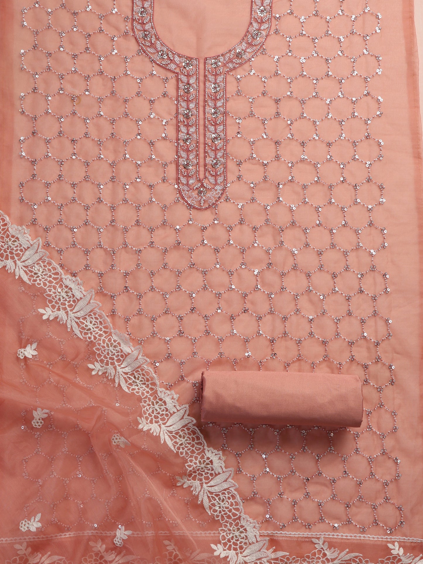 Dhiyona ST 3 Pc Unstitched Suit SET - Pink Beaded and Embroidered Organza Kurta and Border Dupatta with Cotton Pyjama