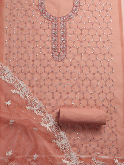 Dhiyona ST 3 Pc Unstitched Suit SET - Pink Beaded and Embroidered Organza Kurta and Border Dupatta with Cotton Pyjama