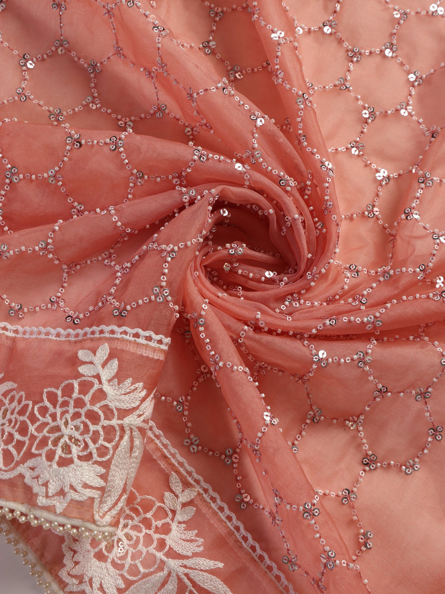Dhiyona ST 3 Pc Unstitched Suit SET - Pink Beaded and Embroidered Organza Kurta and Border Dupatta with Cotton Pyjama