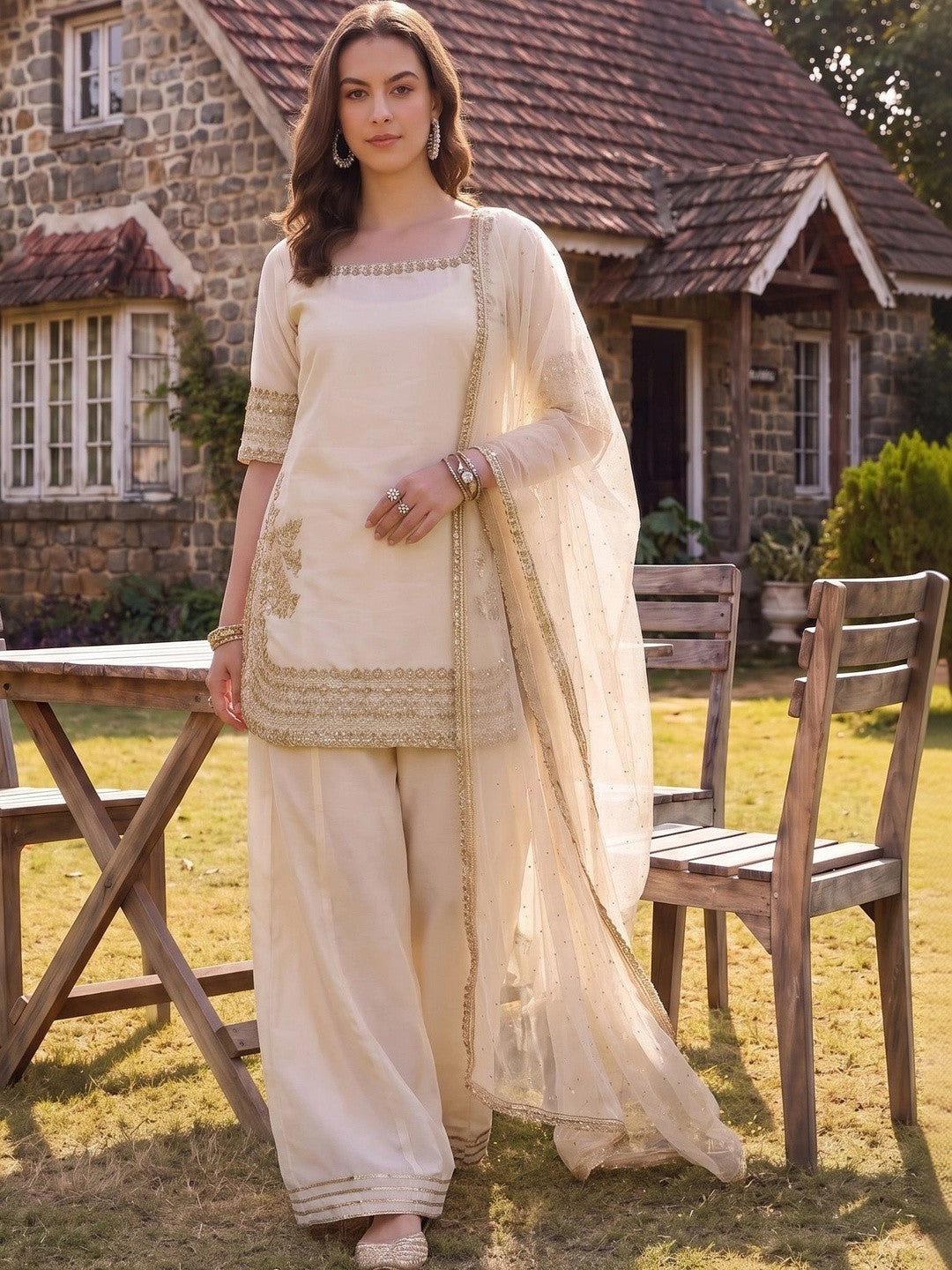 Women Ethnic Motifs Embroidered Regular Silk Chiffon Kurta with Sharara & With Dupatta