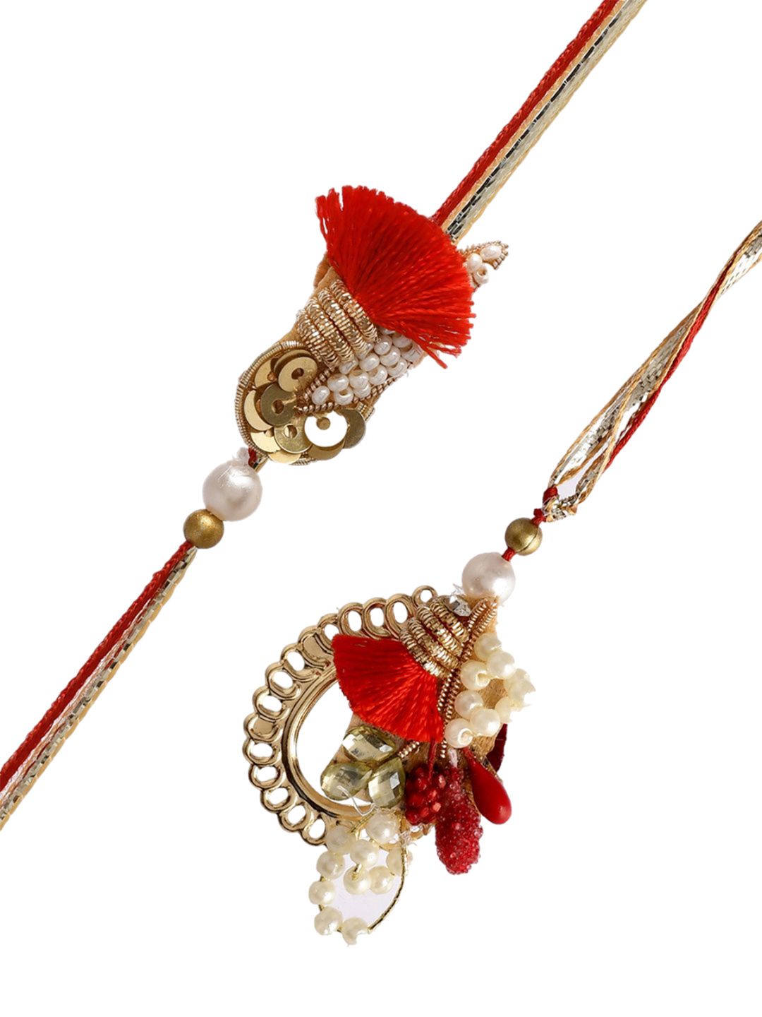 Dhiyona Red Pearl-Beaded Bhaiya Bhabhi Rakhi With Roli Chawal & Greeting Card