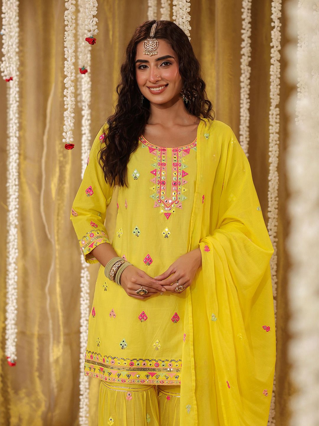 Dhiyona SC Geometric Embroidered Mirror Work Pure Cotton Kurti With Sharara & Dupatta